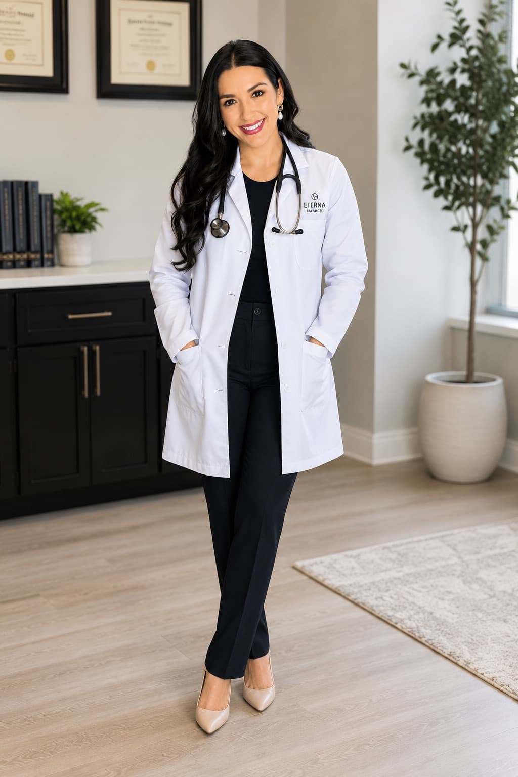 Dr. Sophia Rouse, founder of Eterna Balanced, in a white coat